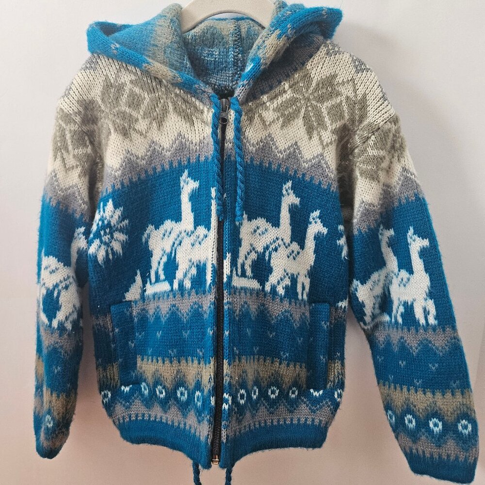 VTG Tejidos Ruminahui Llama/Alpaca Pattern Wool Blend Hooded Sweater - Size 2